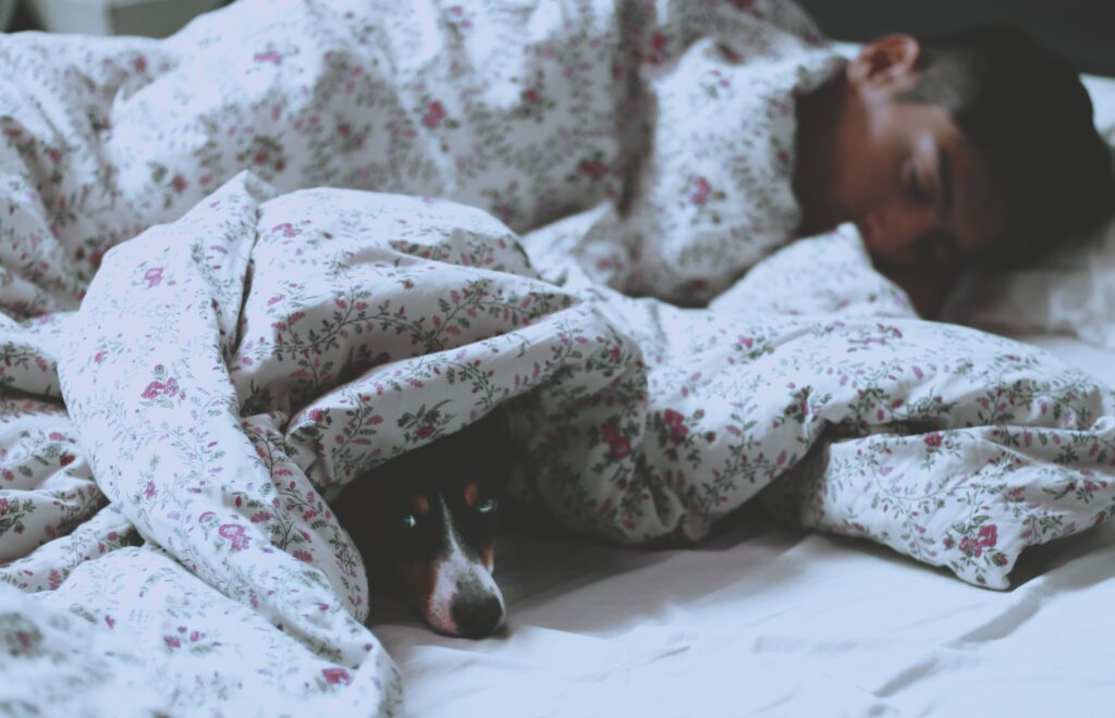 man sleeping in bed with a dog